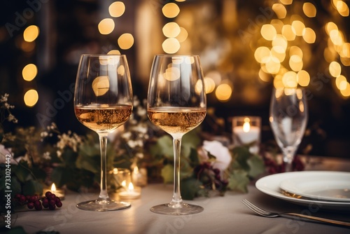 Two glasses filled with wine are placed on a table, creating an inviting and elegant scene.