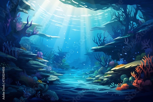 Beautiful underwater sea with reefs and sea inhabitants, deep sea deep blue sea 