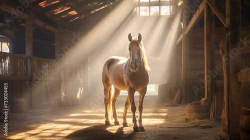 A horse in a barn with sunlight streaming in