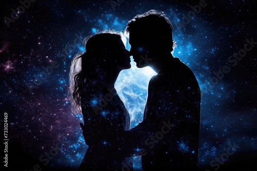 A man and a woman sharing a kiss beneath a starry night sky.