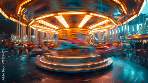 Long exposure photo of a merry-go-round with horses and bright lights at night.