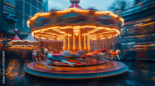 Long exposure photo of a merry-go-round with horses and bright lights at night.