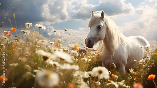 A horse in a field of daisies