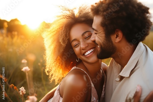 A man and a woman are happily smiling while standing in a field of tall grass and wildflowers.