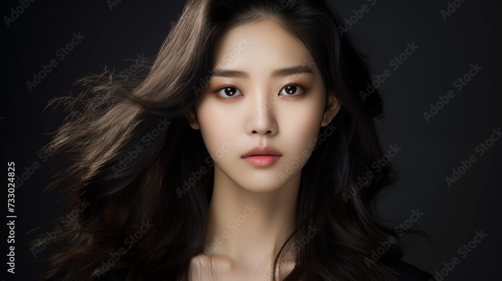 Fototapeta premium Korean Asian girl woman dark black hair beauty oriental cosmetics model profile photo white sleeveless top bareface beautiful modern