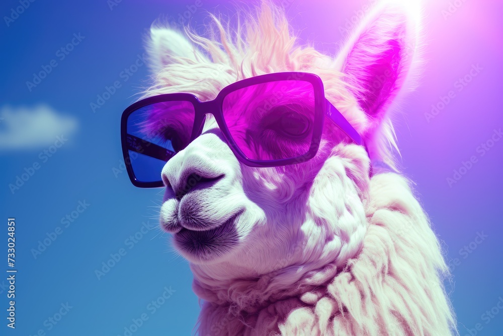 A llama with sunglasses balanced on its head stands in a grassy field.
