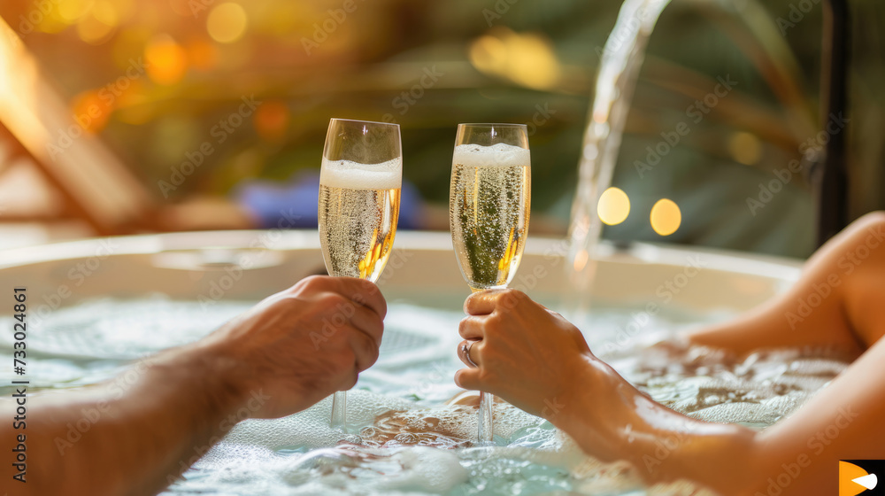 Sweet couple toasting with their champagne glasses while relaxing in the jacuzzi tub, Celebrating honeymoon in luxury. - obrazy, fototapety, plakaty 