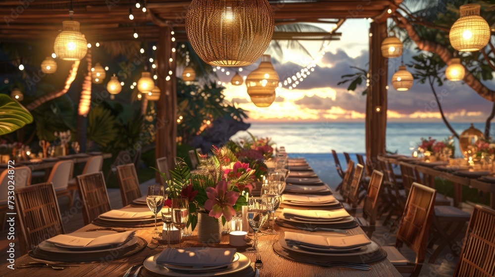 Fototapeta premium Decorated table reception at beach resort, Dinner, Wedding, Party, Honeymoon.