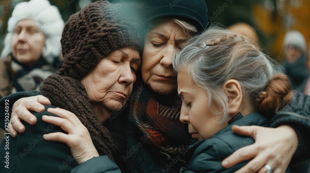 Funeral concept. Crying family and child hug grandmother for support, mourning depression and death at emotional burial event. - obrazy, fototapety, plakaty 