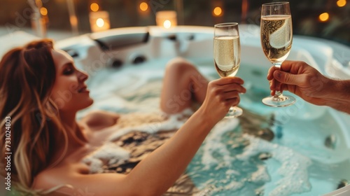 Sweet couple toasting with their champagne glasses while relaxing in the jacuzzi tub, Celebrating honeymoon in luxury. photo