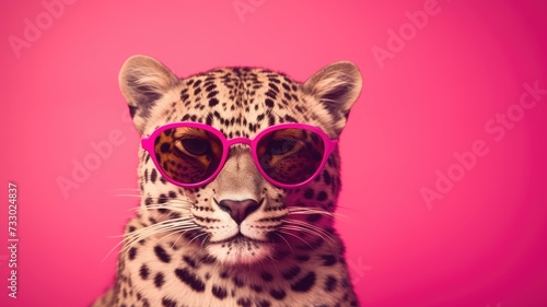 A leopard in pink sunglasses stands against a pink background.