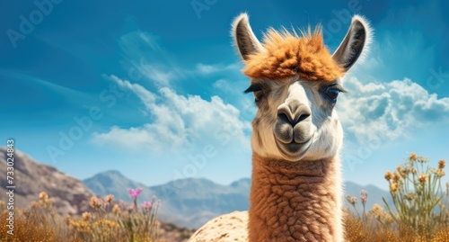 A detailed view of a llama standing in a grassy field.
