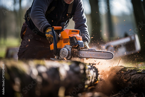 Construction worker uses a portable gasoline chainsaw to chop trees in close-up