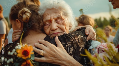 Funeral concept. Crying family and child hug grandmother for support, mourning depression and death at emotional burial event.