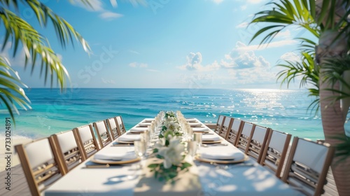 Decorated table reception at beach resort, Dinner, Wedding, Party, Honeymoon. photo