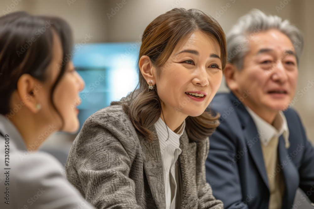 A group of Asian business professionals engaged in a discussion during a corporate meeting in a modern office environment.