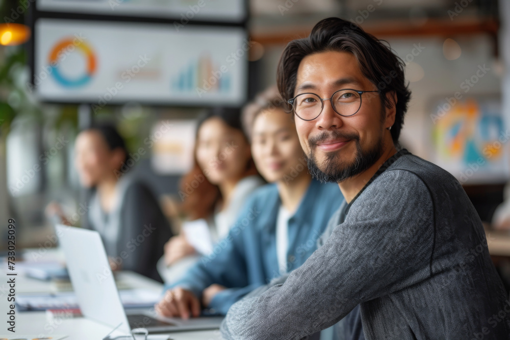 A group of Asian business professionals engaged in a discussion during a corporate meeting in a modern office environment. A group of Asian business professionals engaged in a discussion during a corporate meeting in a modern office environment.