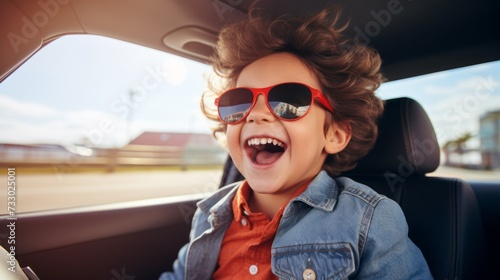 Close-up of a happy handsome little boy sitting in a child car seat in a car.