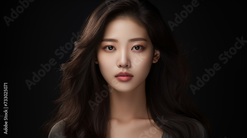 Korean Asian girl woman dark black hair beauty oriental cosmetics model profile photo white sleeveless top bareface beautiful modern 