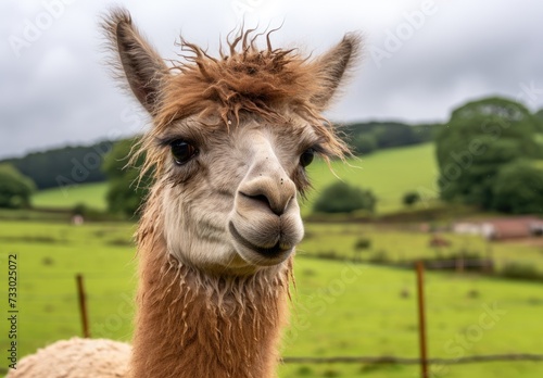 A detailed view of a llama standing near a fence.