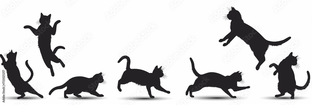 Vector Collection of Jumping Cat Silhouettes on White Background, Perfect for Pet-related Designs, Animal Lovers, and Playful Themes
