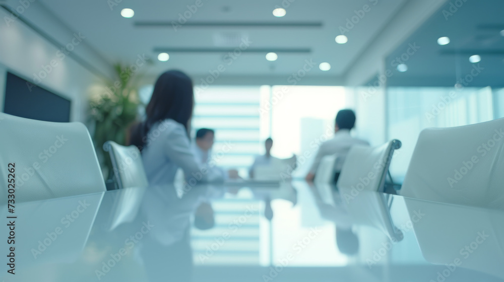 A group of Asian business professionals engaged in a discussion during a corporate meeting in a modern office environment.