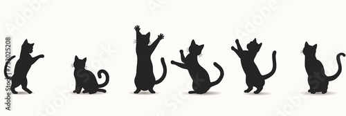 Vector Set of Playful Cat Silhouettes on White Background, Depicting Various Poses and Actions of Feline Playfulness and Charm
