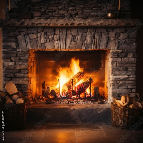 AI-generated illustration of a warm, stone fireplace with logs burning in it