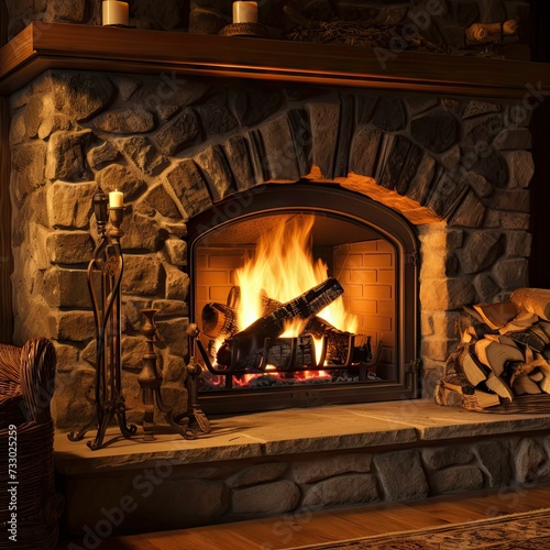 AI-generated illustration of a traditional fireplace featuring a crackling fire
