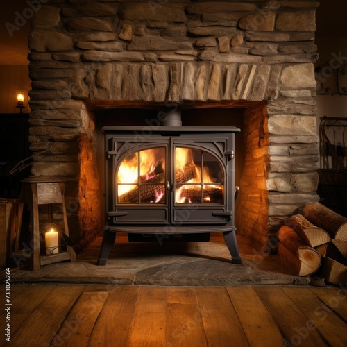 AI-generated illustration of a fireplace with wooden logs next to it © Wirestock