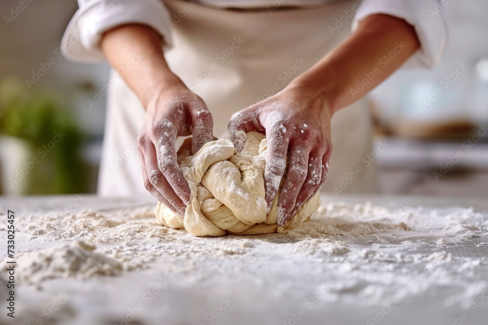 Close up view of pair of hands kneading dough in the kitchen on white table