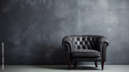 Luxury black leather armchair in front of a grey wall