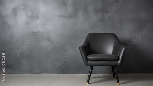 Black leather armchair on gray wall background, copy space for text