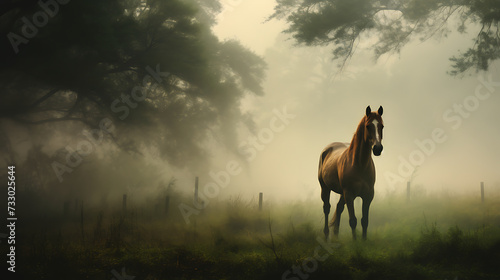 A horse in a misty morning pasture © Muhammad