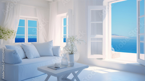 White living room with sea view and blue sofa. © Ira