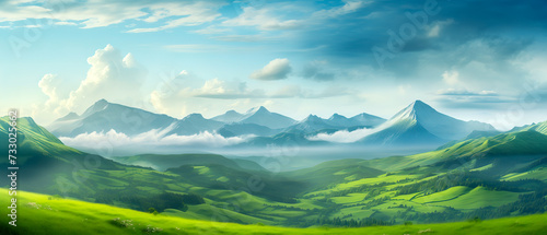 Natural landscape with green meadows  blue sky with clouds and mountains in the background.