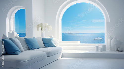 White living room with sea view and blue sofa.