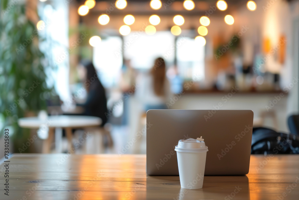 Coffee cup and laptop on wooden table in coffee shop. Coffee cup and laptop on wooden table in coffee shop.