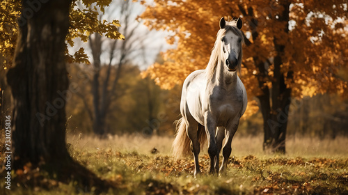 A horse in a pasture with autumn leaves