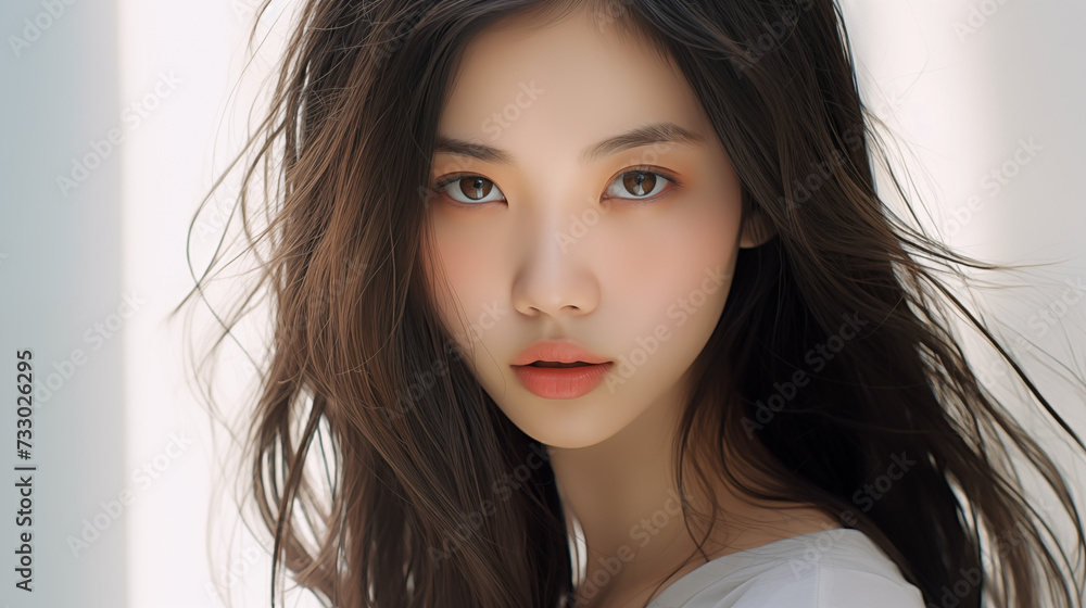 Korean Asian girl woman dark black hair beauty oriental cosmetics model white background white top bareface beautiful modern Korean Asian girl woman dark black hair beauty oriental cosmetics model white background white top bareface beautiful modern