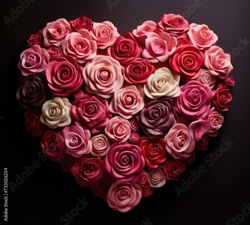A heart-shaped arrangement made up of pink and red roses  neatly arranged in a display.