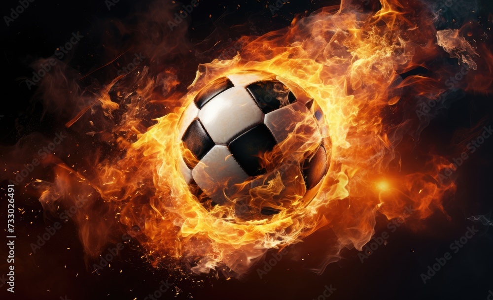 Fototapeta premium A soccer ball is seen at the center of a raging fire, engulfed in flames.