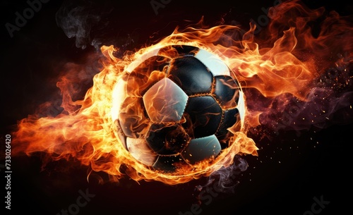 A soccer ball is seen in the midst of blazing flames, creating a visually striking image. © pham