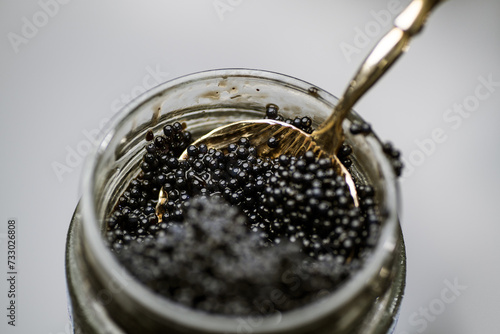Black Caviar in golden spoon over gray background. High quality natural sturgeon black caviar close-up, in a glass jar. Delicatessen. Texture of expensive luxury caviar over grey backdrop