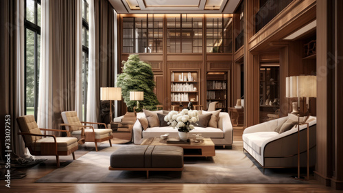 luxury living room with sofa and bookshelf. © Ira