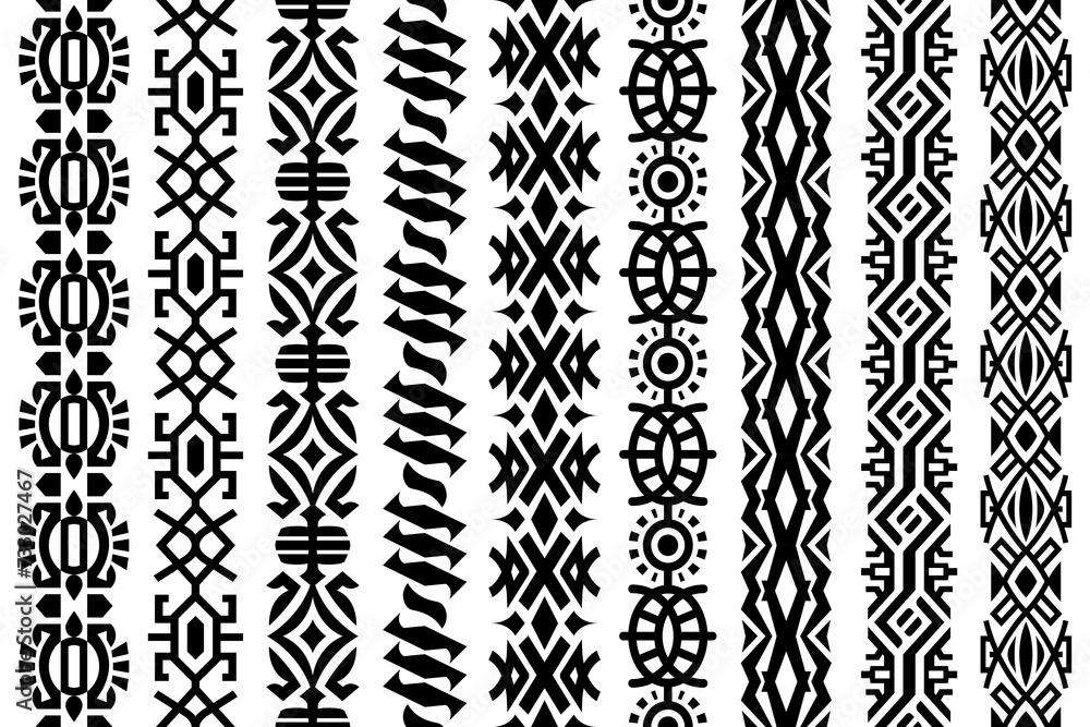 Abstract lace trim decorative patterns set. black chained long geometric ribbon patterns. Abstract vector border decorative design elements collection