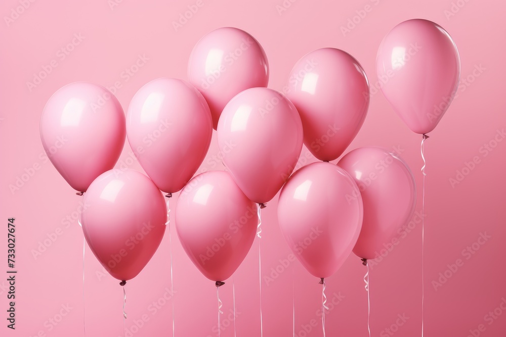 A bunch of pink balloons floating in the air against a clear blue sky.