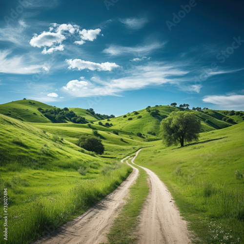 Embark on a tranquil journey through lush greenery along a scenic dirt road. AI generative.