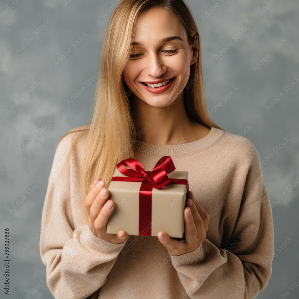Share the festive spirit with this charming image of a woman holding a Christmas gift box. AI generative. Share the festive spirit with this charming image of a woman holding a Christmas gift box. AI generative.