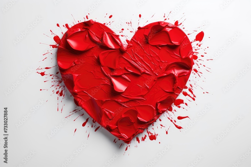A red heart-shaped object is covered in an array of multicolored paint splatters.